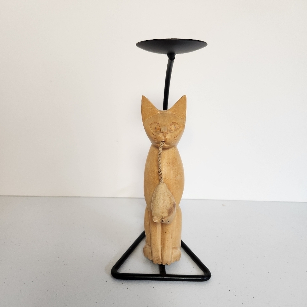 Rustic Wood Carved Wooden Cat Candle Holder Metal Stand Cats Eclectic Decor